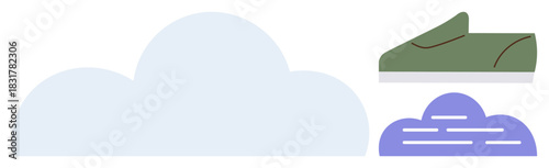 Soft blue and purple clouds with minimal details beneath a sleek green sneaker. Ideal for nature, lifestyle, cloud concepts, simplicity, freedom, relaxation, atmospheric casual design. A simple flat