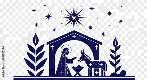 Blue and white Christmas illustration featuring a cross and festive tree in a snowy winter holiday design
