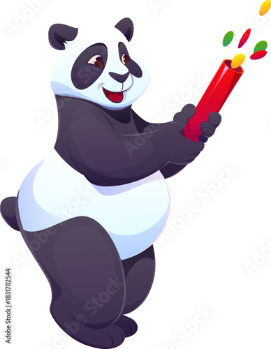 Christmas animal or cartoon panda character for winter holiday, vector personage. Funny panda bear with confetti popper or firecracker for Christmas greeting, New Year and Xmas celebration