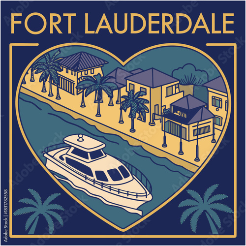 Fort Lauderdale Heart Canal Scene with Yacht and Palms – Luxury Coastal Design