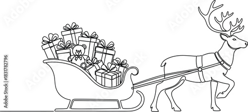Reindeer pulling santa's sleigh filled with christmas gifts in a line art style
