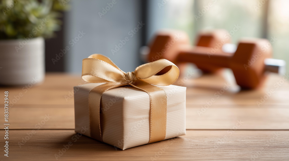 Fototapeta premium Thoughtful gift fitness equipment presented defocused beautifully golden, faceless ribbon health, wellness visualization detail, blurred present background, cherished concept, gift