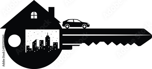 Symbolic key illustration, house and car elements, urban skyline design, ownership concept, security theme, black vector, real estate icon