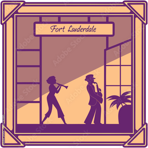 Fort Lauderdale Jazz Musicians in Art Deco Frame – Retro Cultural Illustration