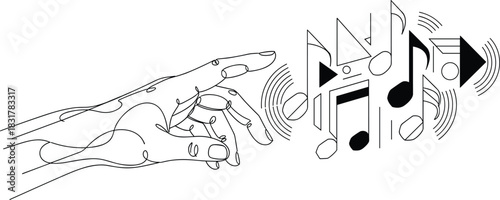 Geometric One Line Hand with Structured Musical Notes.
