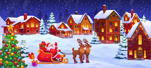 Cartoon Santa on sleigh in snowy winter Christmas town vector greeting card. Xmas night village street or town square scene with cute house buildings, Christmas tree and Santa on deer sleigh with gift