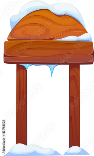 Wooden sign board with snow, winter Christmas North Pole directional billboard. Isolated cartoon vector signboard with rounded top plank covered in snow features rustic wood texture and frozen icicles