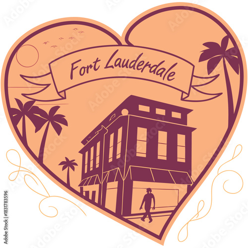 Fort Lauderdale Heart Design with Downtown Street and Palm Trees – Retro City Illustration