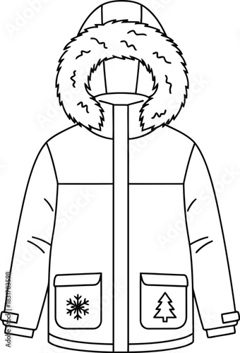 Winter coat with a fur hood and pockets with snowflake and tree designs