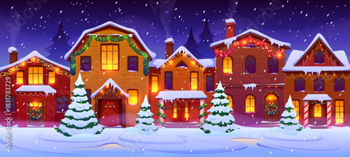Winter Christmas town, night city snowy neighborhood houses, cartoon Xmas village landscape. Christmas holiday vector background with cozy scene of winter town street, snow house and cottage buildings