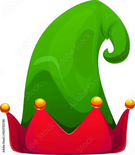 Cartoon elf hat, green and red Christmas cap with jingle bells decoration. Vector Santa helper curled accessory. Cute and funny fairy pixie headwear, xmas holiday magic festive winter costume clothes