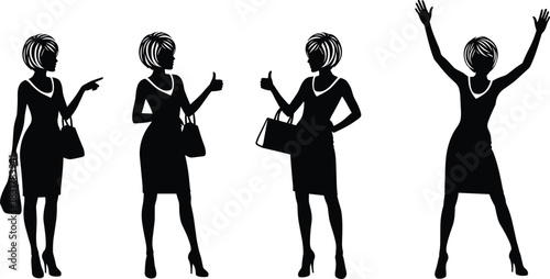 Woman silhouette gestures, pointing and thumbs-up, handbag poses, black vector, expressive posture, dress and heels, emotional reaction, character design, gesture set