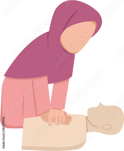 Hijab Woman Performing CPR On Mannequin