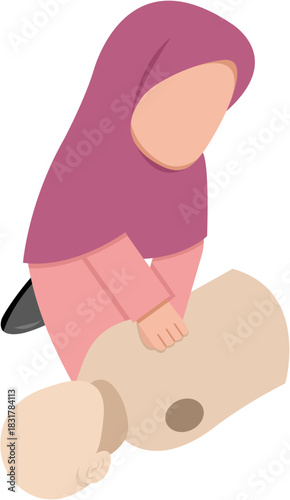 Hijab Woman Performing CPR On Mannequin