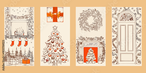 Four christmas panels with fireplace tree wreath and door illustrations