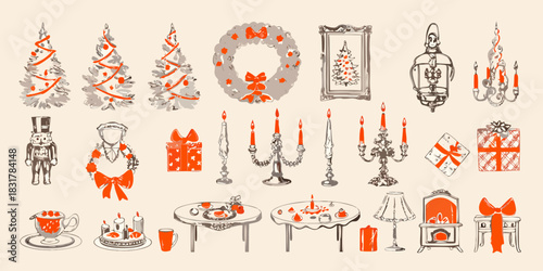 Cozy christmas and winter holiday hand drawn illustration elements
