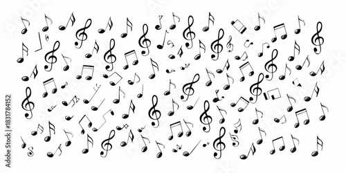 Hand drawn music notes and clefs on white background
