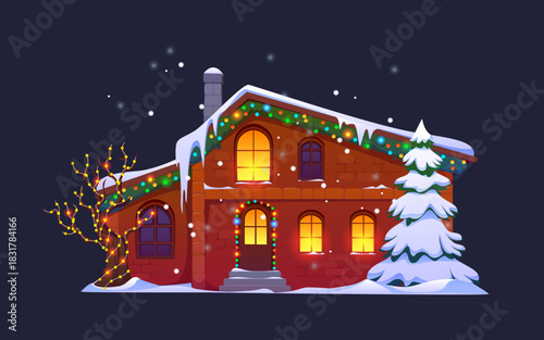 Christmas house in snow decorated with Christmas lights garland for winter holiday, cartoon vector. Village house or town cottage at night with lights in windows, snow on chimney and icicles on roof