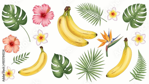Watercolor illustration featuring ripe bananas, floral arrangements, and botanical elements.