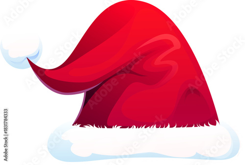 Cartoon Christmas Santa hat. Vector classic red, pointed headwear with fluffy white fur trim along the brim and a pompom at the tip. Symbol of festive and cheerful spirit of xmas holiday celebration
