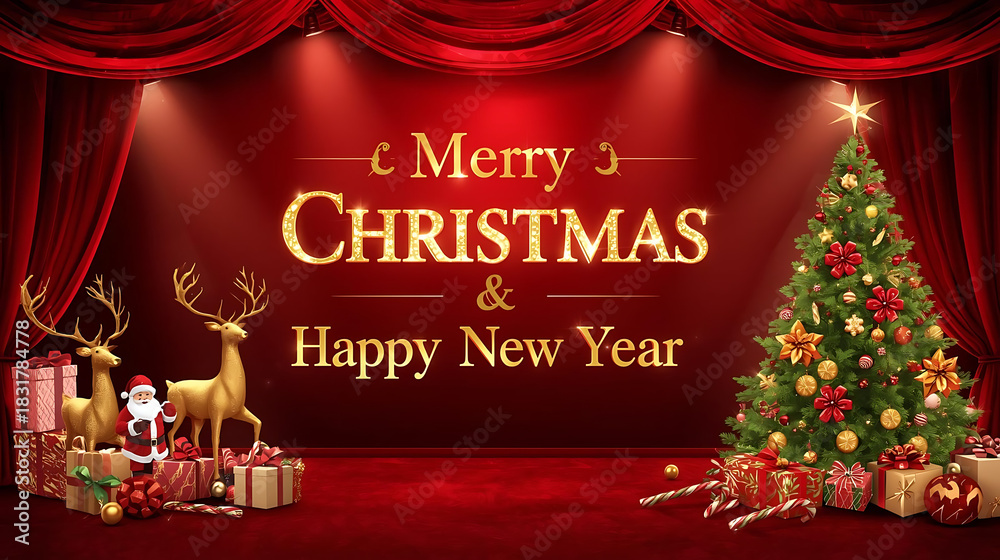Naklejka premium Elegant Red Background Merry Christmas and Happy New Year with santa and christmas tree christmas ornaments for flyers, banners, backgrounds, greetings, text space