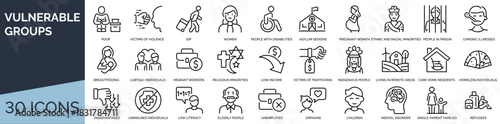 Set of 30 outline icons related to vulnerable groups. Linear icon collection. Editable stroke. Vector illustration