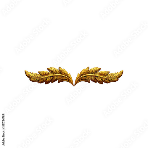 Golden leaf ornament with intricate detail, symmetrical design, elegant flourish, decorative accent, vintage style, isolated on transparency background, luxurious and classic feeling