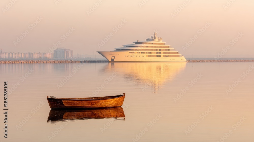 Obraz premium Large yacht and small wooden boat near coast during calm sunrise