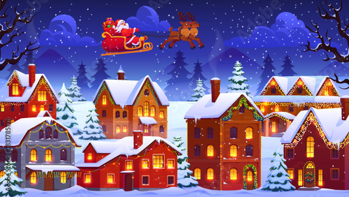 Cartoon Santa on sleigh flying above Christmas town. Xmas winter holiday night vector banner of Christmas town street snowy landscape with cozy houses and pine trees, reindeer sleigh, Santa and gifts