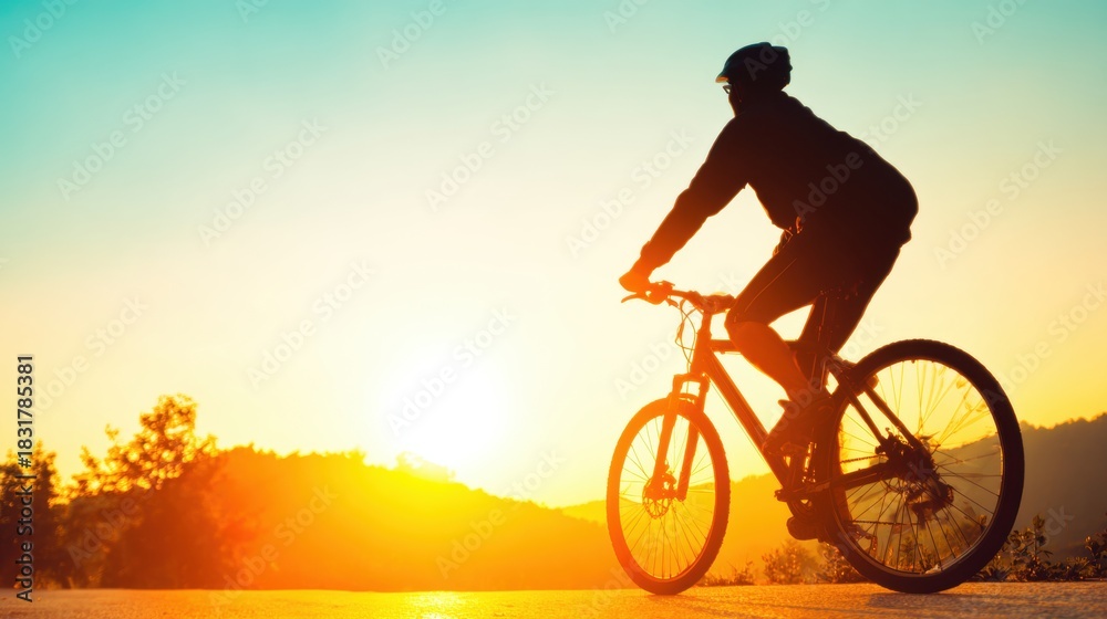 Obraz premium Cyclist enjoying a sunset ride on a peaceful mountain trail