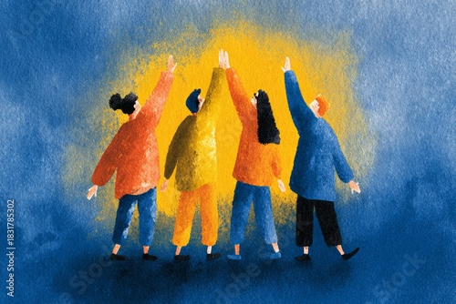 Four diverse people celebrating success, showing unity and support with a high five gesture
