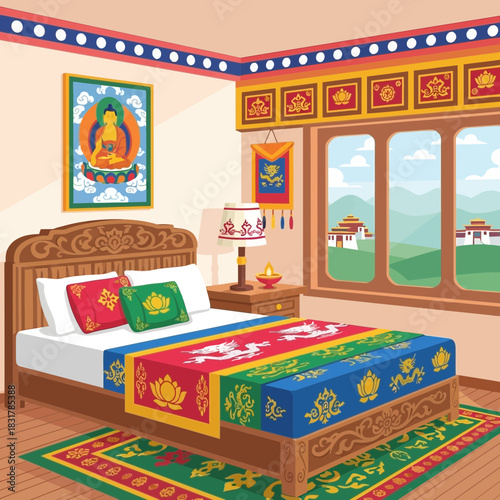 A Serene Bhutanese Bedroom Scene Showcasing Traditional Decor and Architecture