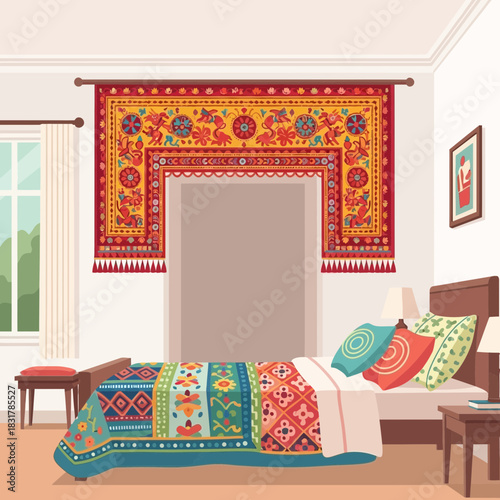 Cozy bedroom interior featuring vibrant textile art and patterned fabrics