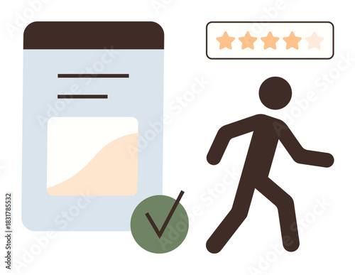 Review stars, profile document with details, walking figure, green checkmark. Ideal for customer feedback, evaluation, rating systems, user profiles, service analysis quality assurance simple flat