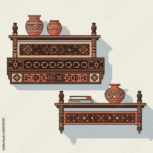 Decorative shelves showcasing pottery and books in a stylized illustration