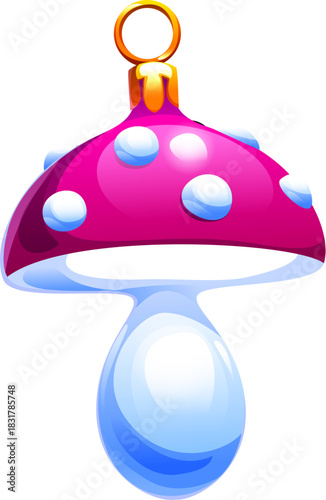 Cartoon mushroom Christmas tree decoration with bright cap and glossy smooth bottom. Vintage festive amanita fungus hanging bauble, vector ornament for winter xmas celebration. Retro merry holiday toy