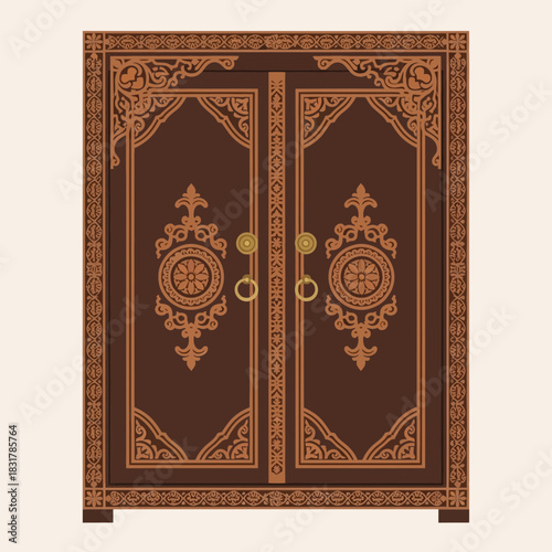Intricate wooden doors with vintage style decorative detailing elements