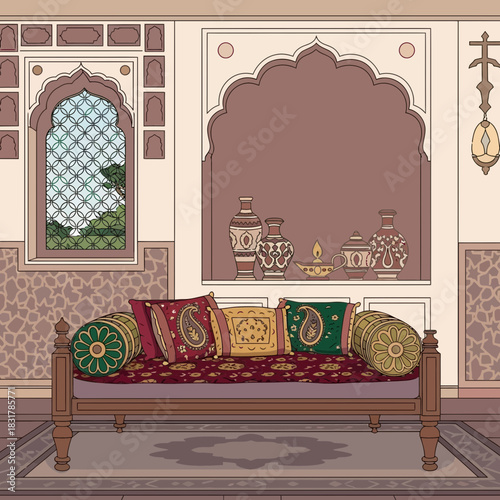 Intricate Indian Interior with Daybed and Ornamental Details Illustration