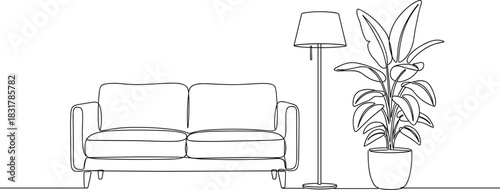 Minimal One-Line Illustration of Sofa, Floor Lamp and Potted Plant.