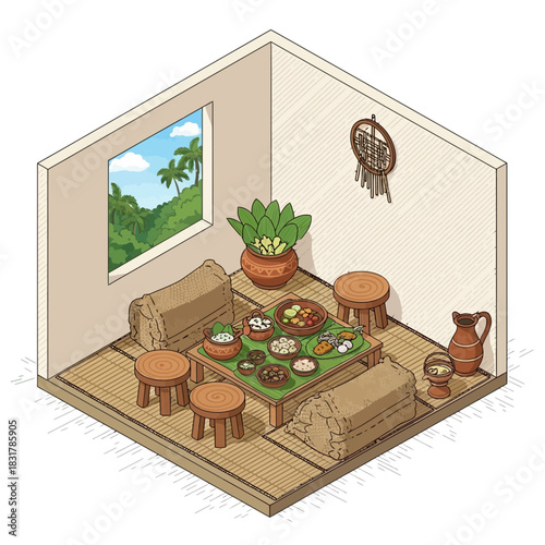 Isometric Onam Sadhya Feast Scene in Kerala Styled Room Illustration