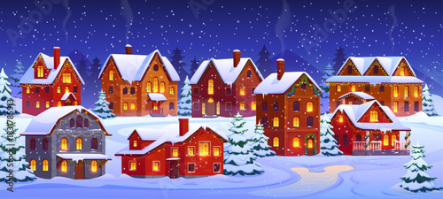 Cartoon winter Christmas town houses, night city snowy neighborhood or vintage landscape vector background. Xmas holiday town scene of cozy home buildings, trees and windows with Christmas lights