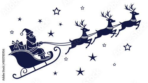 Vector illustration silhouette of santa claus riding a sleigh pulled by three reindeer flying across a starry night sky