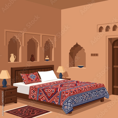Minimalist illustration of a bedroom interior with oriental design elements
