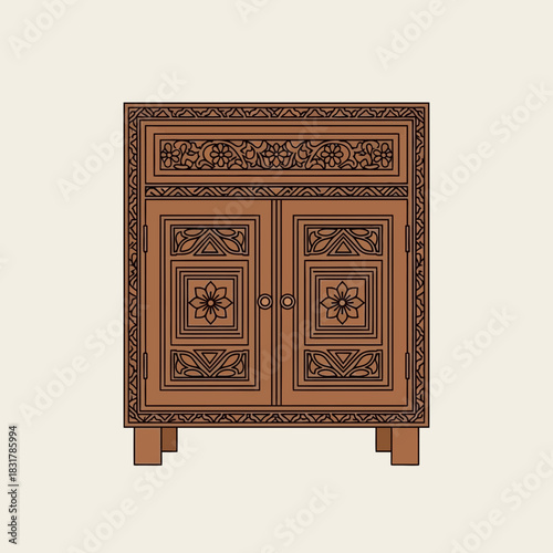 Ornate wooden cabinet with intricate carvings, a nod to vintage artistry