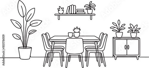 Line drawing illustration of a modern home dining room interior