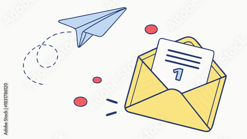 Vector illustration illustration of a paper airplane flying towards an open yellow envelope with a letter marked with the number one