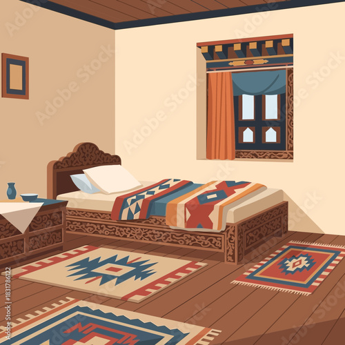 Stylized Illustration of a Bhutanese Bedroom Interior with Intricate Details