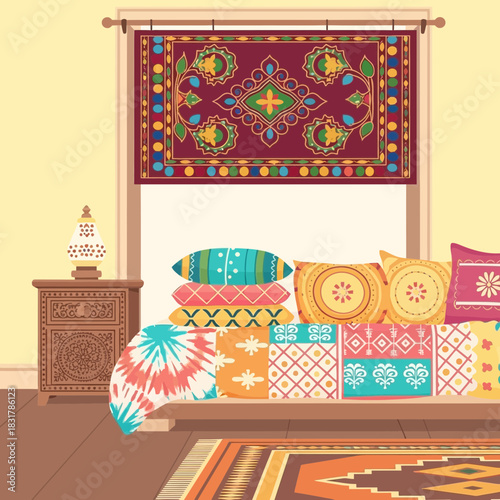 Stylized interior scene with vibrant textiles and decorative elements