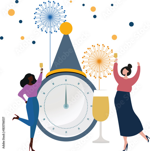 Women celebrating new year countdown with champagne toast
