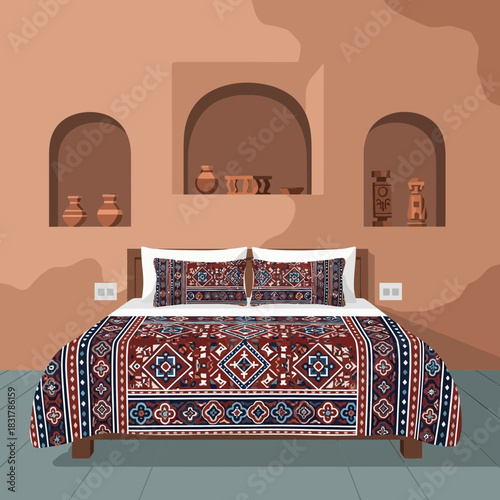 Stylized Room with Bed featuring Middle Eastern Patterned Textiles and Niches
